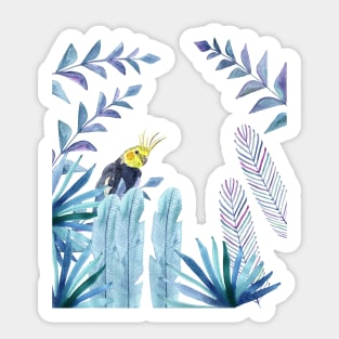 Cockatiel with tropical foliage watercolor design Sticker